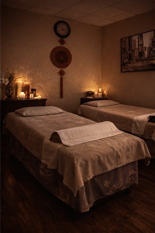 Warm couples massage room with multiple treatment beds at Four Seasons Spa
